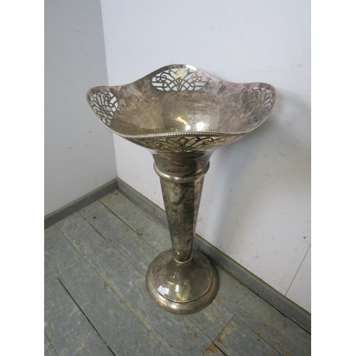 715 - An oversized silver-plated Edwardian style trumpet vase by Thomas Goode, with pierced fretwork decor... 