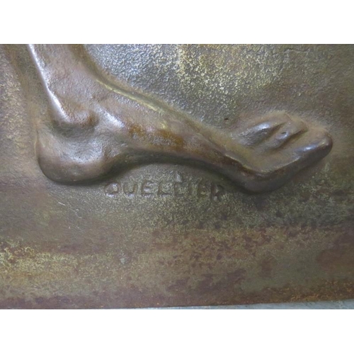 724 - An Art Deco Revival bronzed cast iron plaque/fireback depicting a stylized figure of a woman holding... 