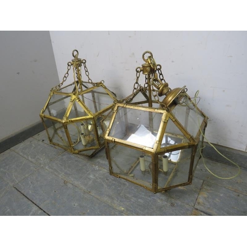 727 - A pair of gilt metal and glass faceted pendant ceiling lights by Visual Comfort & Co, each accepting... 