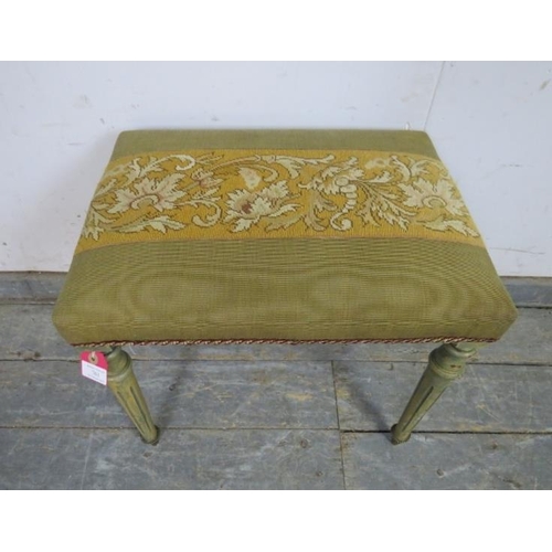 763 - A vintage French dressing stool, with orange tapestry seat, on reeded tapered supports with brass ca... 