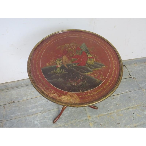 809 - An antique red lacquered wine table, the dished top with hand painted Chinoiserie decoration, on a f... 