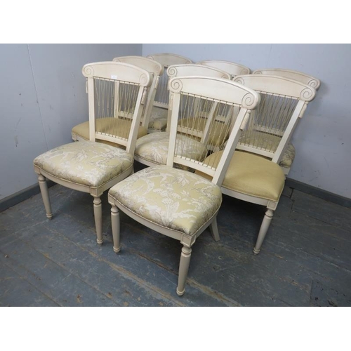 812 - A set of eight antique style dining chairs by William MacLean, with seats upholstered in Jim Thompso... 