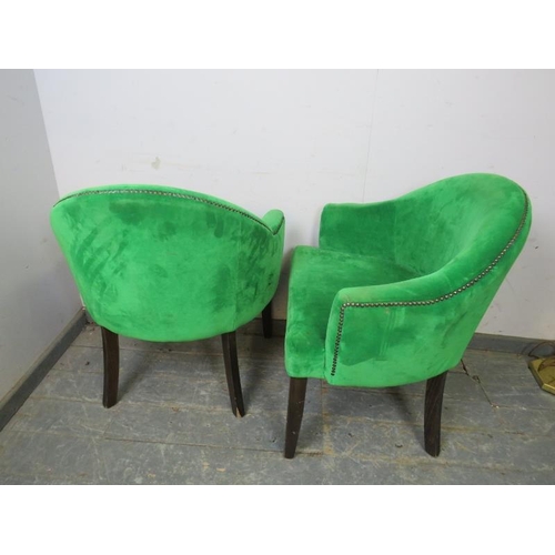 834 - Three tub chairs, upholstered in pea green velvet material with brass studs, on tapered square suppo... 