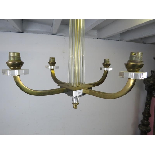 840 - An Art Deco Period brass, glass rod and Lucite four branch pendant light fitting.
H44cm W42cm D42cm ... 