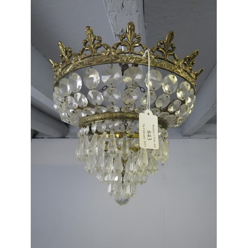 843 - A small vintage brass and crystal basket chandelier.
H26cm Diameter 30cm approx.
Condition report: N... 