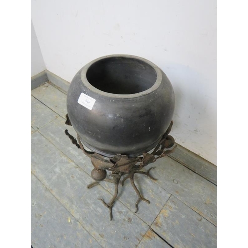 846 - A vintage pottery urn/planter, on an artisan made naturalistic wrought iron stand modelled as apple ... 