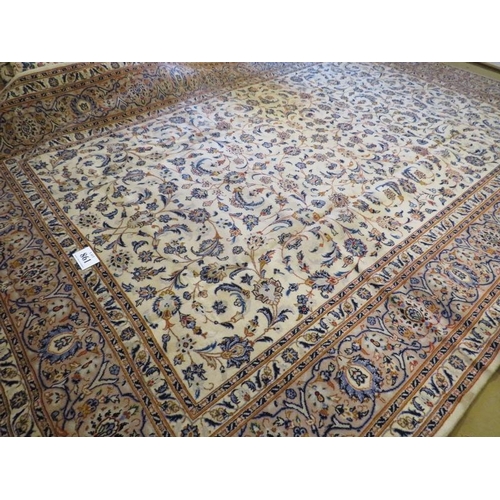 861 - Central Persian Kashan carpet, foliage pattern on cream ground with wide borders. 360cm x 360cm appr... 