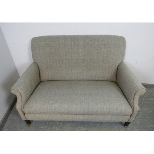 758 - An Edwardian style small two-seater sofa/loveseat by Tetrad, upholstered in Harris tweed with tan le... 