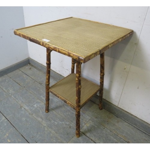 747 - A turn of the century tiger bamboo square two-tier table, with inset sisal covering, on canted suppo... 