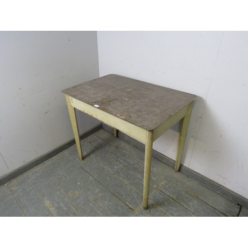 732 - A small mid century rectangular kitchen table, the scrubbed top on tapering supports painted cream a... 