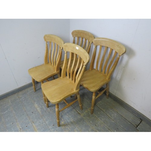 739 - A set of four beech slat-back farmhouse kitchen chairs, on turned supports with ‘H’ stretchers. 
H91... 