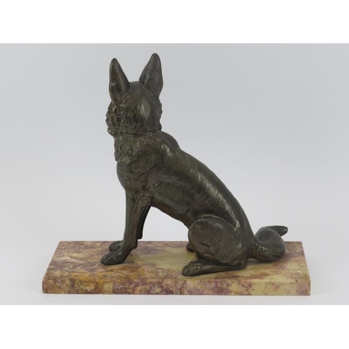 1 - A large bronzed spelter model of an Alsatian dog, early/mid 20th century. Supported on a marble plin... 