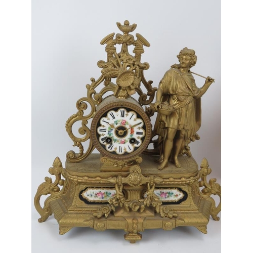 105 - Two late 19th century gilded French mantel clocks with hand decorated porcelain panels.  Both have J... 