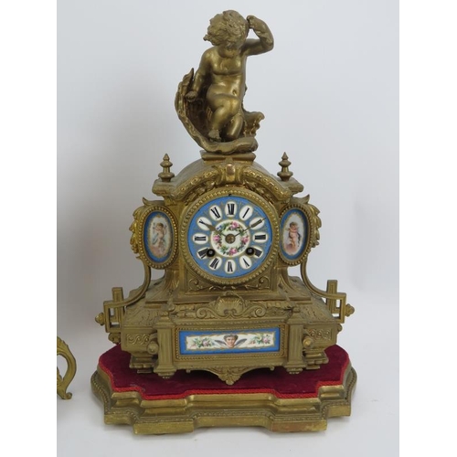 105 - Two late 19th century gilded French mantel clocks with hand decorated porcelain panels.  Both have J... 