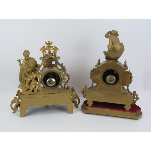 105 - Two late 19th century gilded French mantel clocks with hand decorated porcelain panels.  Both have J... 