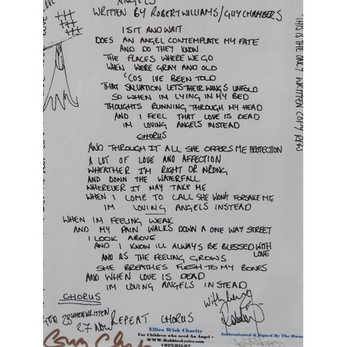 120 - A limited edition printed copy of lyrics to Robbie Williams hit 'Angels', hand signed by co-writer G... 