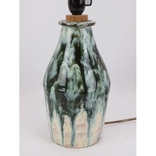 123 - A mid century studio pottery drip glazed table lamp with shade.  Overall height: 52cms
Condition rep... 