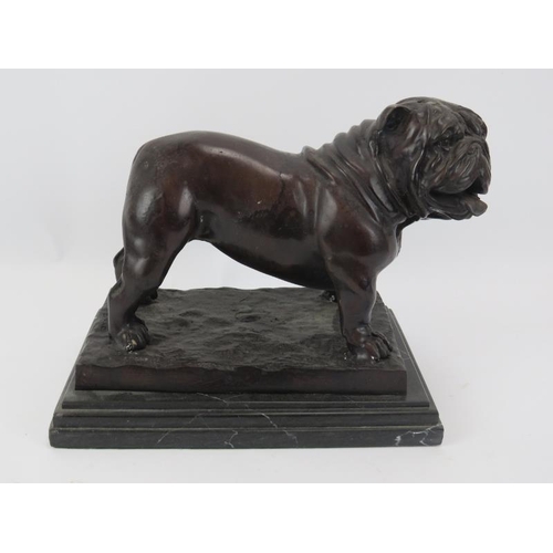 130 - A patinated bronze figure of a bulldog on black marble plinth. Signed 'Mene'. Height: 24cm, length 2... 