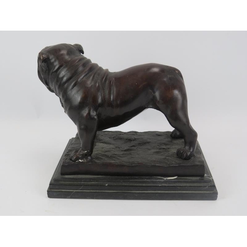 130 - A patinated bronze figure of a bulldog on black marble plinth. Signed 'Mene'. Height: 24cm, length 2... 