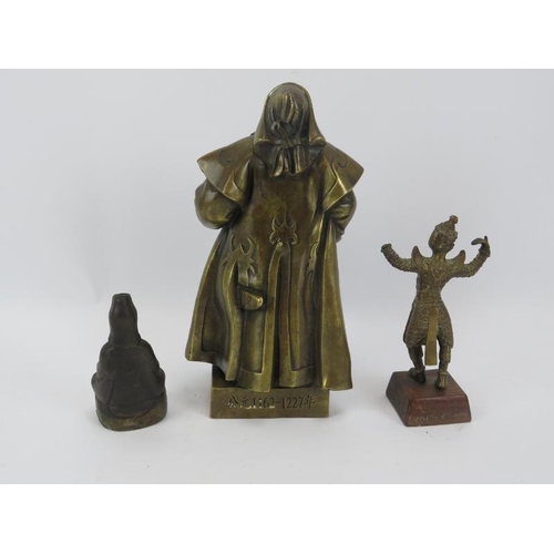 134 - A brass figure of Genghis Khan, a figure of a Thai dancer and a figure of a small bronze buddha.  Ta... 