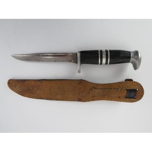 166 - A vintage German hunting knife with stacked leather handle and sheath. Marked ’Solingen Germany’ to ... 