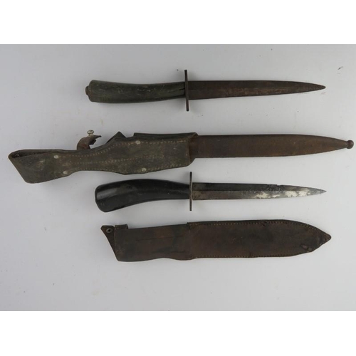 168 - Two German WWII era fighting knives both with horn handles. (2 items) 42.3 cm total length, 30.5 cm ... 