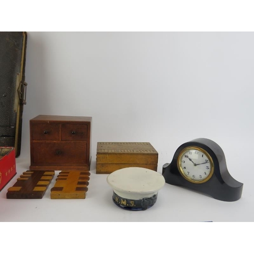 192 - A group of vintage collectable items. Notable items include a miniature chest of drawers, desk clock... 