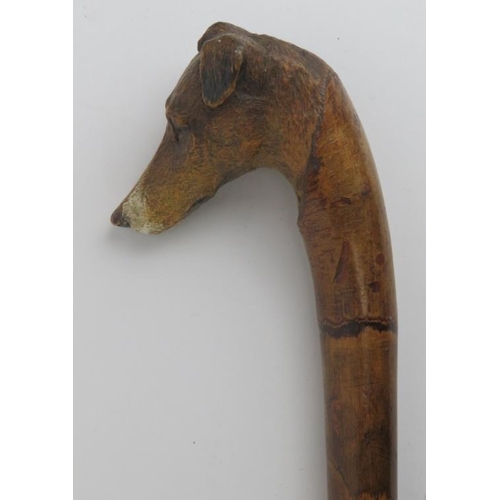 200 - A vintage walking cane carved with a hounds head handle. The hounds head partially painted with inse... 