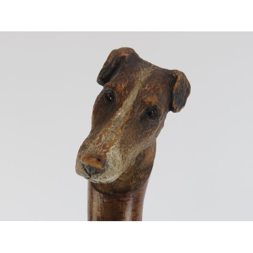 200 - A vintage walking cane carved with a hounds head handle. The hounds head partially painted with inse... 