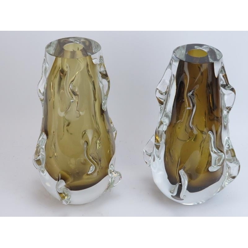 206 - Two large vintage knobbly ochre submerged clear glass vases, 20th century. Possibly Bohemian or Scan... 