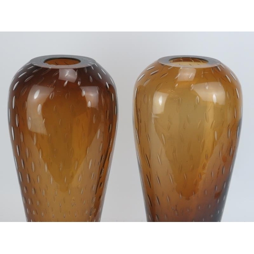 207 - A large vintage pair of brown submerged clear glass controlled bubble vases, 20th century. Possibly ... 