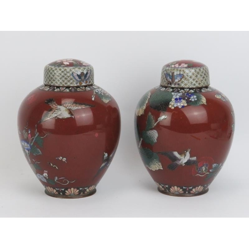 209 - A Japanese pair of cloisonné decorated vases with covers, late Meiji period. (2 items) 19 cm height.... 