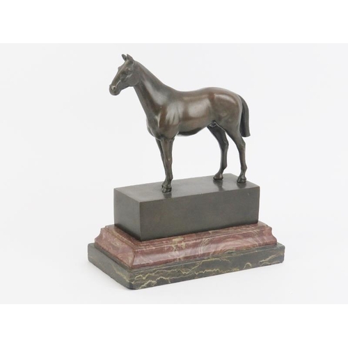 21 - A French bronze study of a horse, signed Andre, 20th century. Mounted on marble and slate plinth. 21... 