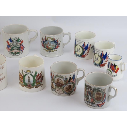 238 - Twenty WWI era Victory and Peace commemorative ceramic mugs and saucer. (21 items) 11.1 cm tallest h... 