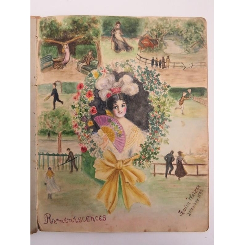 245 - A sketch book album with watercolour and pen/ink drawings, studies and cartoons, late 19th/early 20t... 