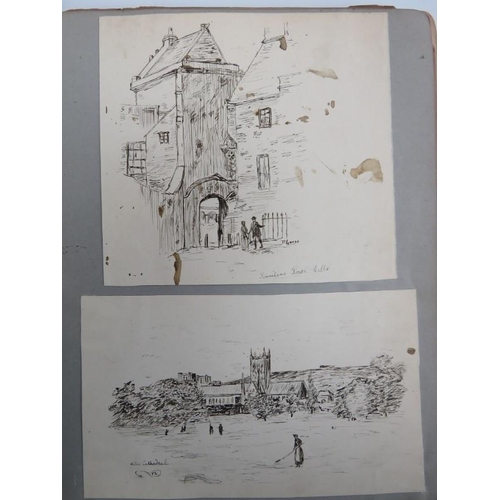 245 - A sketch book album with watercolour and pen/ink drawings, studies and cartoons, late 19th/early 20t... 