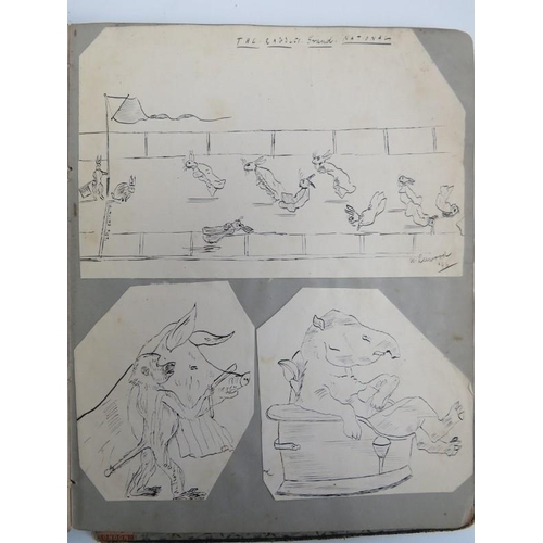 245 - A sketch book album with watercolour and pen/ink drawings, studies and cartoons, late 19th/early 20t... 