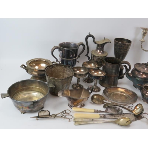 274 - A group of vintage/antique plated silver dining table wares, a candelabra and two trophies. (Quantit... 