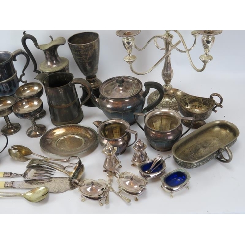 274 - A group of vintage/antique plated silver dining table wares, a candelabra and two trophies. (Quantit... 