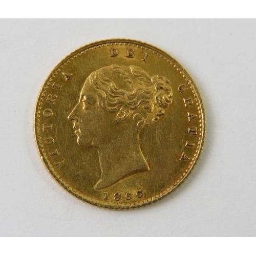 288 - A Queen Victoria gold half sovereign coin, 1866, shield back, young head. Approx 4.0 grams