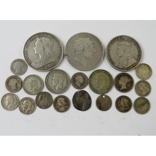 295 - Mixed British silver coinage, 16th-20th century, including a worn hammered silver sixpence, 2 crowns... 