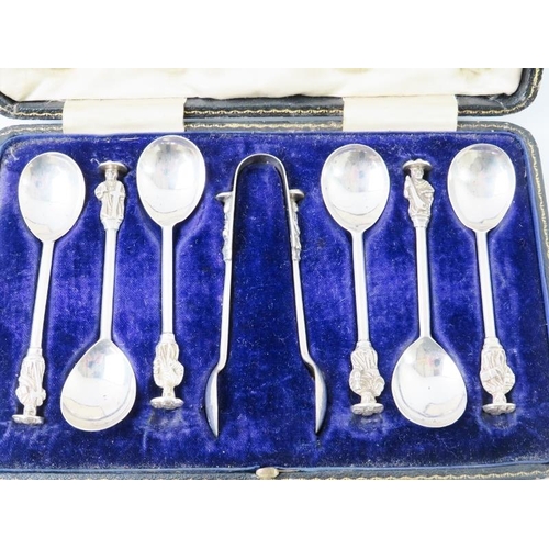 363 - A cased set of six silver apostle teaspoons and sugar tongs, hallmarked for Sheffield 1913, maker Th... 