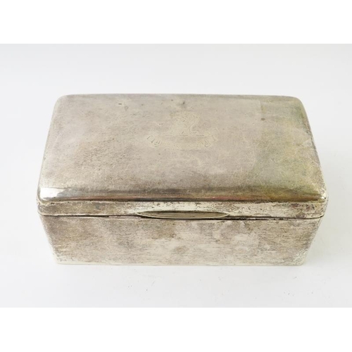 366 - A large silver cigarette box with cedar wood lining and weighted base.  Hallmarks rubbed. 17cm x 9cm... 