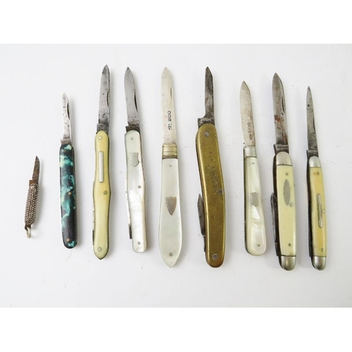 369 - Nine mixed folding pocket knives including two with hallmarked silver blades and a miniature example... 