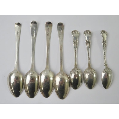 376 - Four Georgian silver teaspoons and three ornate early 2oth century teaspoons.  Various hallmarks and... 