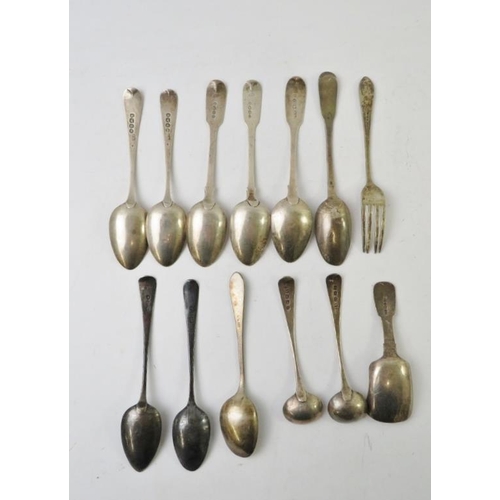 379 - Twelve mixed antique silver spoons, Georgian and later, including teaspoons, mustard spoon, caddy sp... 