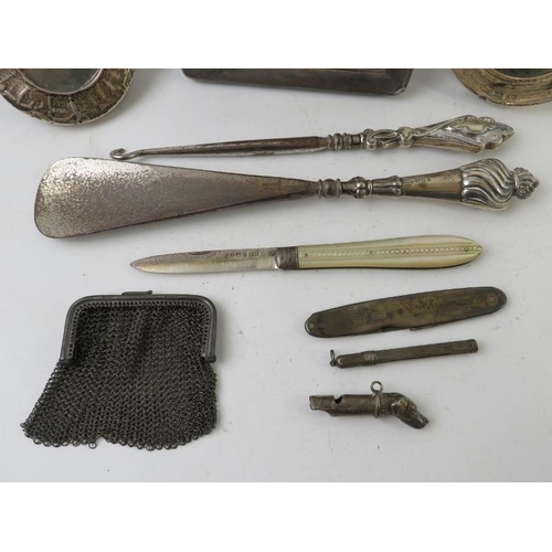 381 - Mixed hallmarked silver collectables including picture frames, folding fruit knives, dog whistle, pe... 