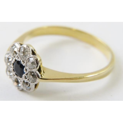 429 - A pretty diamond and sapphire 18ct yellow and white gold cluster ring, with 8 old cut diamonds grain... 