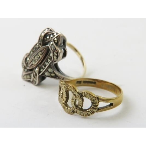 498 - A 9ct yellow gold textured hoop ring, size N; and a marquasite set dress ring in silver and testing ... 