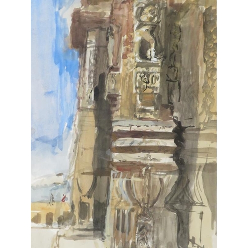 512 - Anthony Eyton 1923.  Framed and glazed watercolour 'Indian Temple' labels verso for Kings Road Galle... 